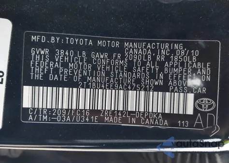 2010 Toyota Corolla Le from USA, damaged, VIN 2T1BU4EE9AC475212